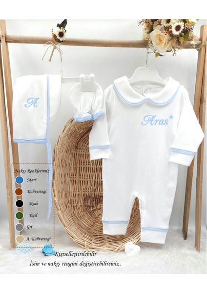 Biyeli 3'lü Pamuklu Hastane Çıkış Tulum Seti (Kişiye Özgü Isimli