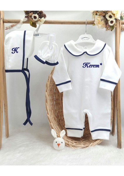 Biyeli 3'lü Pamuklu Hastane Çıkış Tulum Seti (KİŞİYE ÖZGÜ İSİMLİ
