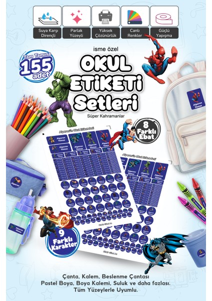 Süper Kahramanlar Temalı Okul Etiketi / Sticker - Isme Özel - 155 Adet