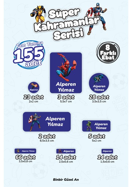 Süper Kahramanlar Temalı Okul Etiketi / Sticker - Isme Özel - 155 Adet
