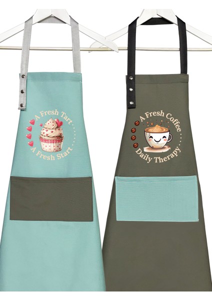 Kumaş Mutfak Önlüğü Seti 2'li Leke Tutmaz Su Itici %65 Pamuk %35 Polyester Cupcake & Coffee Şef Önlük