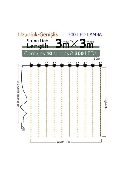 8 Fonksiyonlu Peri Perde LED Uzaktan Kumandalı Günışığı Perde Peri LED (3 mt x 3 Mt)