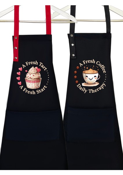 Kumaş Mutfak Önlüğü Seti 2'li Leke Tutmaz Su Itici %65 Pamuk %35 Polyester Cupcake & Coffee Şef Önlük