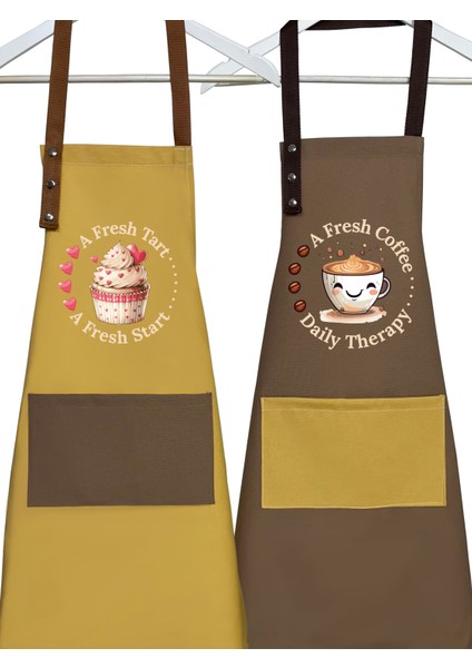 Kumaş Mutfak Önlüğü Seti 2'li Leke Tutmaz Su Itici %65 Pamuk %35 Polyester Cupcake & Coffee Şef Önlük