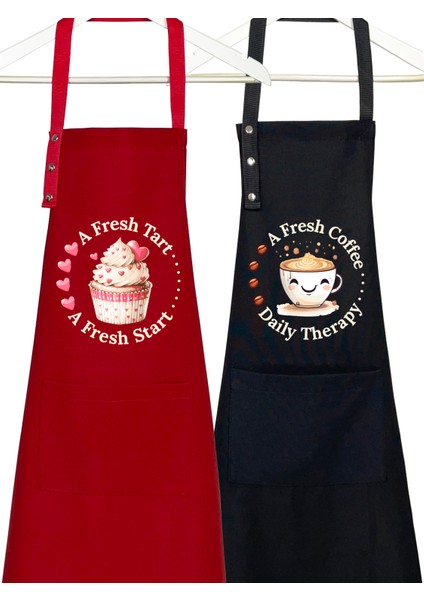 Kumaş Mutfak Önlüğü Seti 2'li Leke Tutmaz Su Itici %65 Pamuk %35 Polyester Cupcake & Coffee Şef Önlük