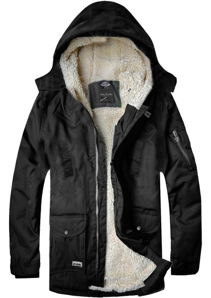 Alaska Slim Fit Soğuğa ve Suya Dayanıklı Oxford Kumaş Kapüşonlu Kısa Parka Kaban --Siyah--