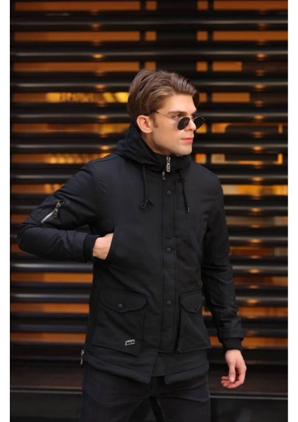 Alaska Slim Fit Soğuğa ve Suya Dayanıklı Oxford Kumaş Kapüşonlu Kısa Parka Kaban --Siyah--