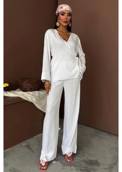 Kruvaze Model Klasik Pantolonlu Çupra Keten Takım 10191
