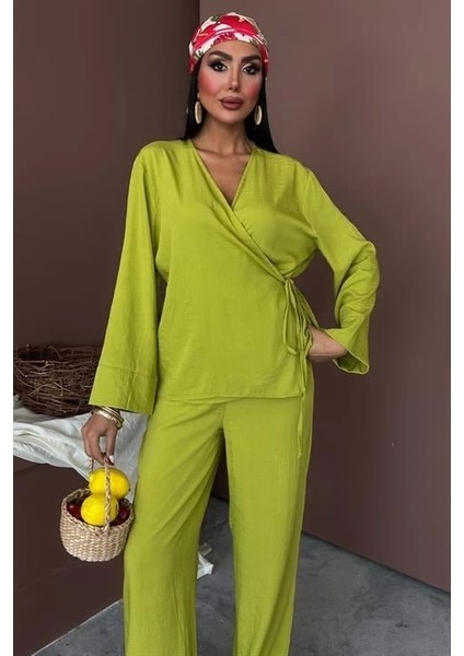 Kruvaze Model Klasik Pantolonlu Çupra Keten Takım 10191
