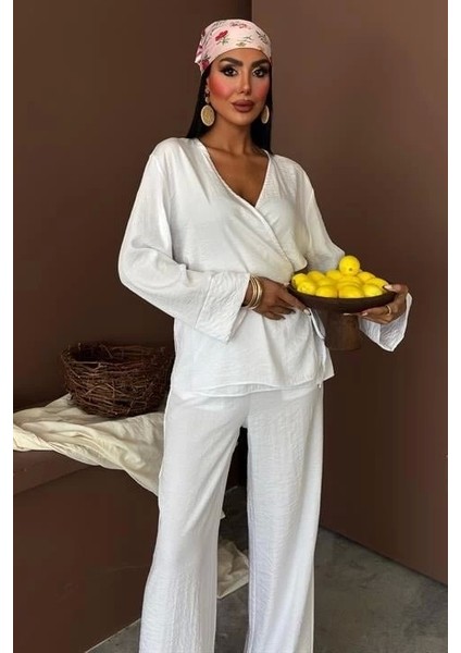 Kruvaze Model Klasik Pantolonlu Çupra Keten Takım 10191