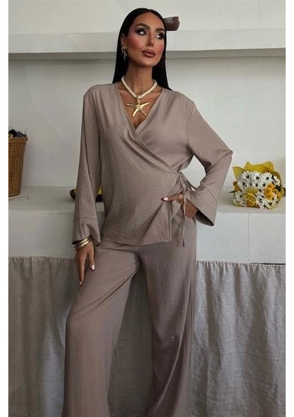 Kruvaze Model Klasik Pantolonlu Çupra Keten Takım 10191
