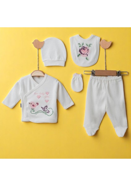 Yenidoğan Kız Bebek 5 Li Hastane Çıkışı Önlüklü Gül Kanaviçe Zıbın Takımı %100 Pamuk