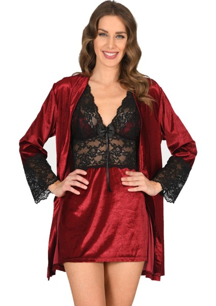 Bordo Kadife Sabahlık & Gecelik Takım 2' Li - 1445 - Beden Xl Inslm