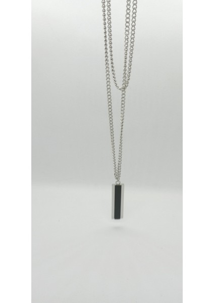 Silver Renk Plaka Uçlu Çelik Kolye (65 Cm)