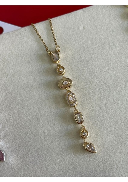 Lotusbybuket Çelik Gold Geometrik Taşlı Y Dekolte Kolye