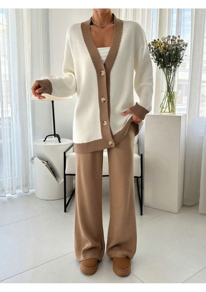 Camel Şerit Detaylı Hırka-Pantolon Triko Takım