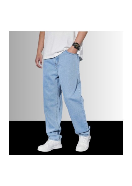 Erkek Asit Yıkama Buz Mavi Bol Paça Jean Kot Baggy Pantolon