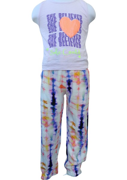 Kız Çocuk Desenli Kolsuz Lila T-Shirt Ebru Desenli Tayt İkili Takım 3-4 Yaş
