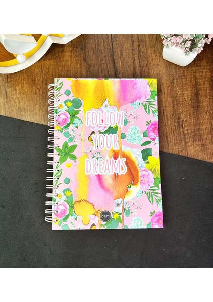 Renkli Follow Your Dreams Tasarımlı Çizgili Spiralli Defter