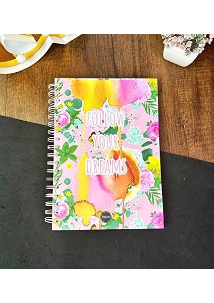 Renkli Follow Your Dreams Tasarımlı Çizgili Spiralli Defter