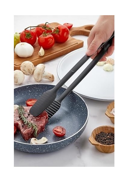 Diyarı Servis ve Izgara Maşası Yanmaz Yapışmaz Plastik Maşa Kaymaz Barbekü Maşası Siyah