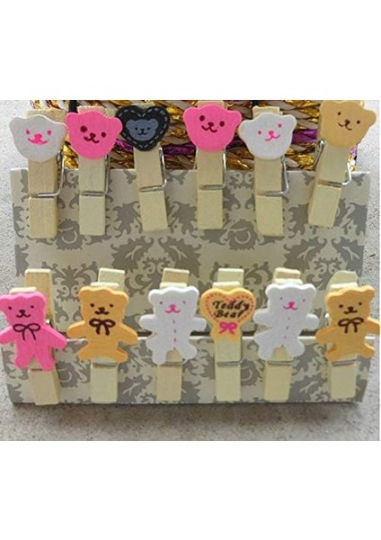 Renkli Teddy Bear Ayıcık Desenli Minik Ahşap Ipli Mandal 10 Lu Set Fotograf Askısı