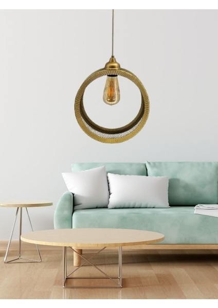 Gold Endüstriyel Metal Hasır Tel Dairesel Model Hol Mutfak Tekli Sarkıt Avize Aydınlatma
