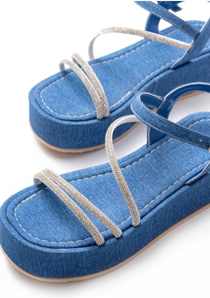 ASKA861-1017 Mavi Kot Taşlı Dolgu Topuklu Kadın Sandalet