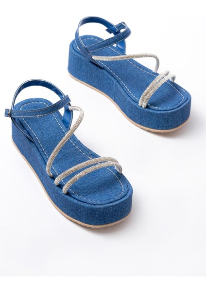 ASKA861-1017 Mavi Kot Taşlı Dolgu Topuklu Kadın Sandalet modelleri