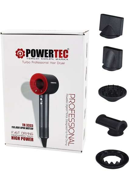 Go İthalat Plazma Saç Kurutma - Fön Makinesi Turbo Prof 5 Pcs Uç - 3 Kademe Sıcaklık - Hassasiyet Hızlı Kurutma Tr-3333 (5131)
