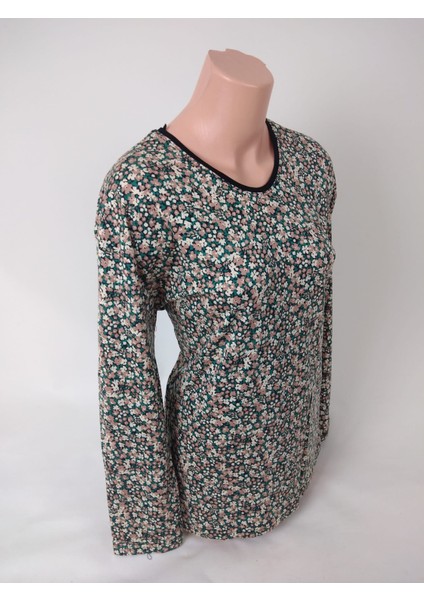 Kadın Siyah Yeşil U Yaka Uzun Kollu Desenli Yırtmaçlı Dokuma Viskon Anne Penye Tişört fiyatları