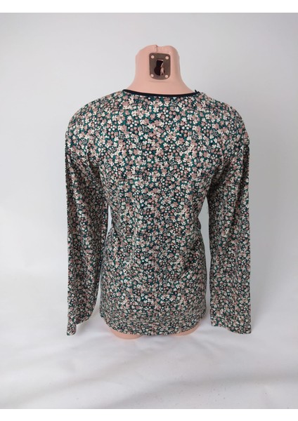 Kadın Siyah Yeşil U Yaka Uzun Kollu Desenli Yırtmaçlı Dokuma Viskon Anne Penye Tişört modelleri