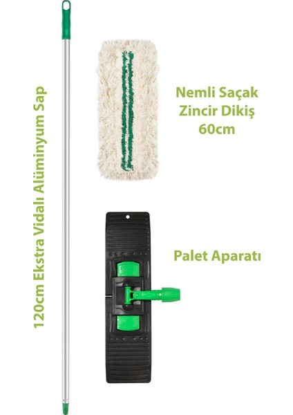 60 Cm Zincir Dikişli Nemli Mop – Saplı, Püsküllü, Dayanıklı Pamuk Polyester Mop Bezi