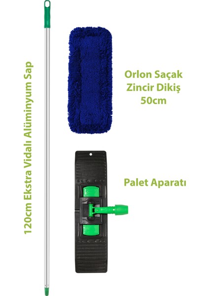 50 Cm Akrilik (ORLON) Zincir Dikiş Mop – Saplı, Statik Elektrikli Kuru Ve Nemli Temizlik Mopu