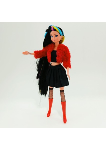 Oyuncak Ceketli Çizmeli Renkli Saçlı Model Bebek 29 cm - Hareketli Eklemli Oyuncak Bebek