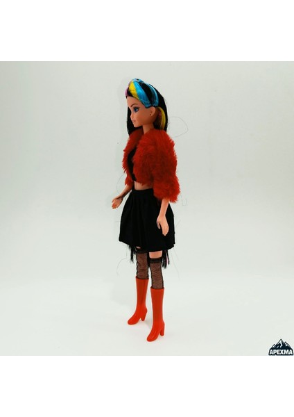 Oyuncak Ceketli Çizmeli Renkli Saçlı Model Bebek 29 cm - Hareketli Eklemli Oyuncak Bebek