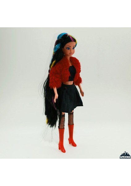 Oyuncak Ceketli Çizmeli Renkli Saçlı Model Bebek 29 cm - Hareketli Eklemli Oyuncak Bebek