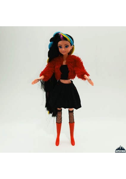 Oyuncak Ceketli Çizmeli Renkli Saçlı Model Bebek 29 cm - Hareketli Eklemli Oyuncak Bebek