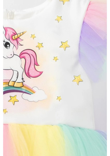Kız Çocuk Unicorn Baskılı Renkli Tütü Tüllü Prenses Doğum Günü Parti Elbisesi