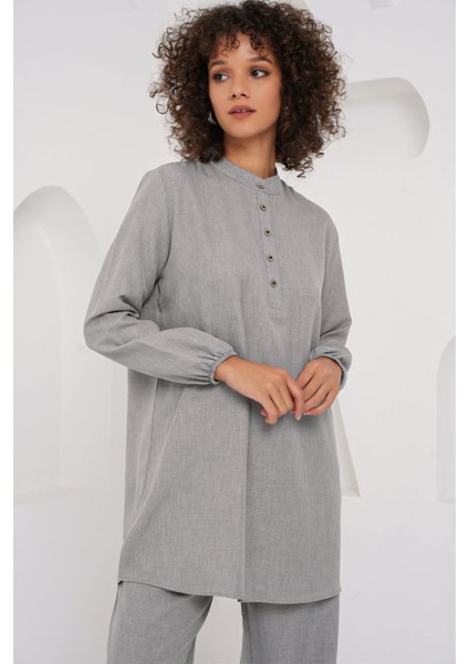 6678 Keten Tunik Pantolon Ikili Takım - Gri