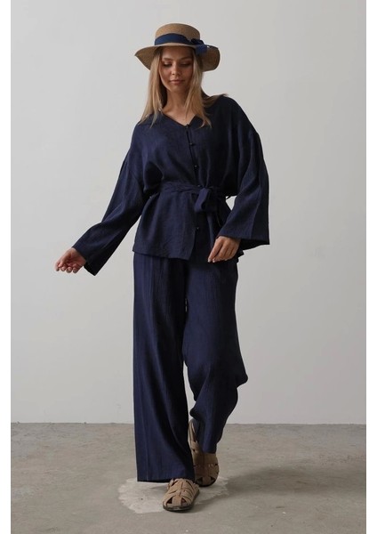 Beli Bağlamalı Tunik ve Beli Bağlamalı Pantolon Takım - Lacivert