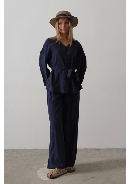 Beli Bağlamalı Tunik ve Beli Bağlamalı Pantolon Takım - Lacivert