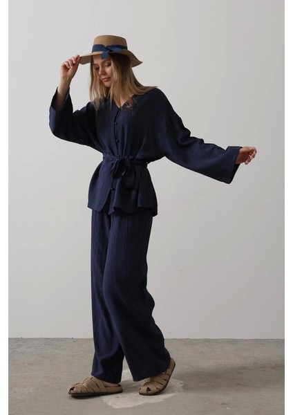 Beli Bağlamalı Tunik ve Beli Bağlamalı Pantolon Takım - Lacivert