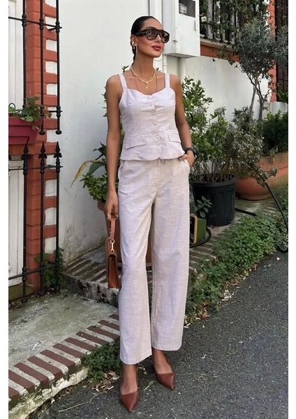 Kalın Askılı Bluz Pantolon Keten Takım 10187