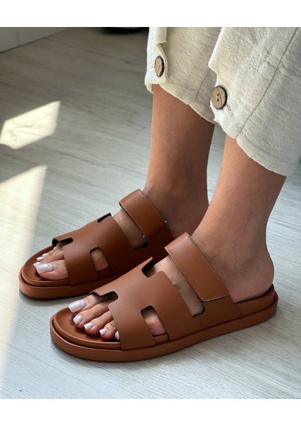 Kadın Cırt Bantlı Deri Günlük Rahat Terlik