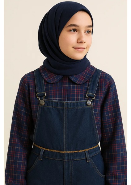 Kız Çocuk Kareli Lacivert Modest Gömlek