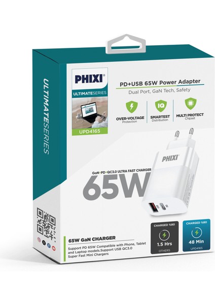 Ultimate UPD4165 65W Pd Çift Çıkışlı Hızlı Şarj Adaptör Hızlı Şarj Başlığı Fast Charger Garantili