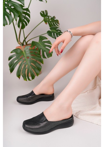 Kadın Hakiki Deri Antrasit Anatomik Taban Anne Terliği