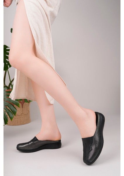 Kadın Hakiki Deri Antrasit Anatomik Taban Anne Terliği modelleri