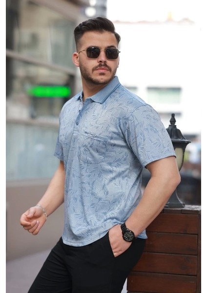 Erkek Yakalı Jakar Baskılı Kısa Kollu T-Shirt